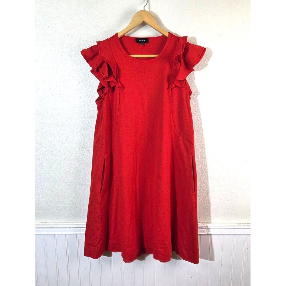 ME+EM Red Cotton Dress US 6 Ruffle Sleeve Swing Shift Pockets Vacation Resort